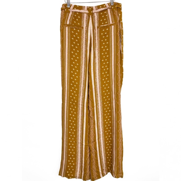 Free People Boho Printed Striped Wide Leg Belted Pants, Gold - Size 6 - Picture 5 of 8